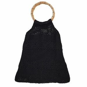Black Crochet Bag With Bamboo Handles & Magnetic Closure